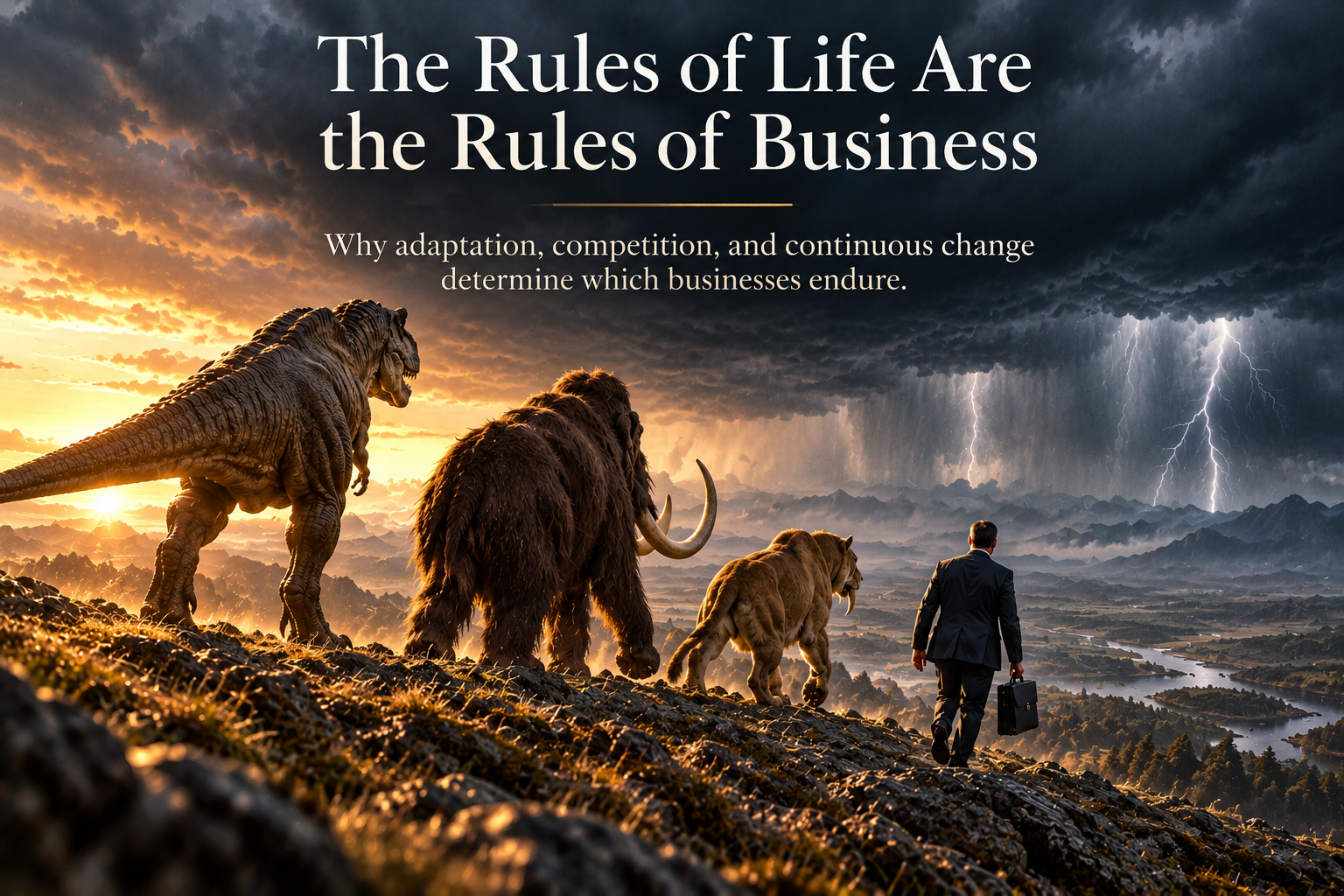 Dinosaur, woolly mammoth, saber-toothed cat and businessman approaching a storm